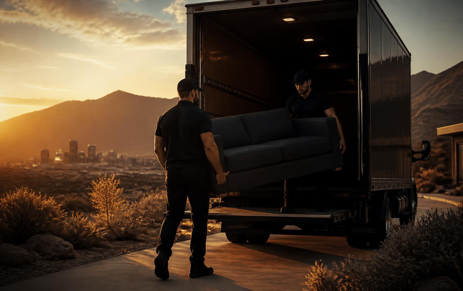 RAM Relocation movers loading a sofa into a moving truck at sunset in Las Vegas